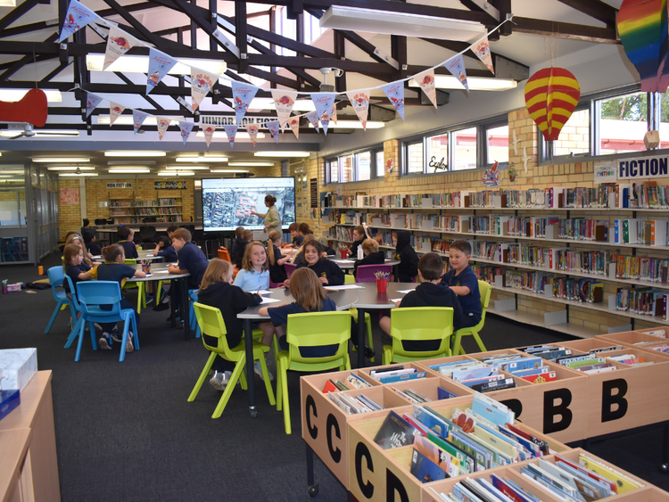 Primary class working in the school library