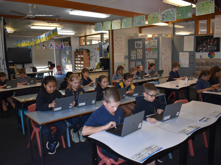 Primary students working on their individual laptops