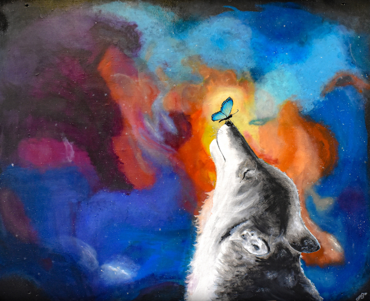 Artwork- wolf with butterfly landing on its nose produced by Big Picture student
