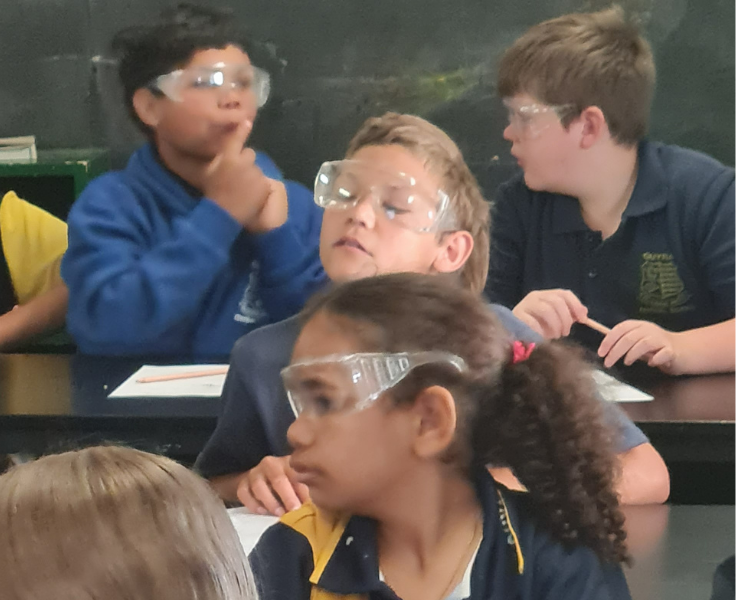 year 6 students trying on science safety glasses